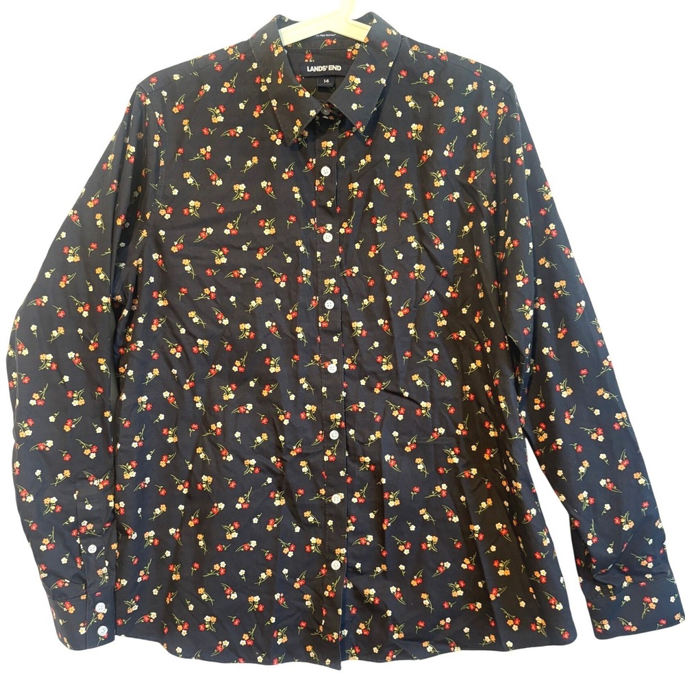 Lands End No Iron Supima Cotton Floral Button Down Shirt Black Womens 14